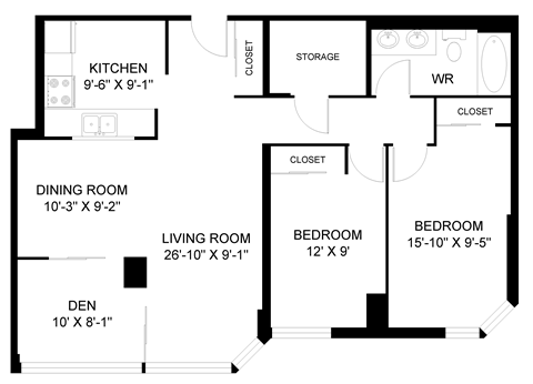 Floor plan for 2 beds, 1 bath, 1015 sqft